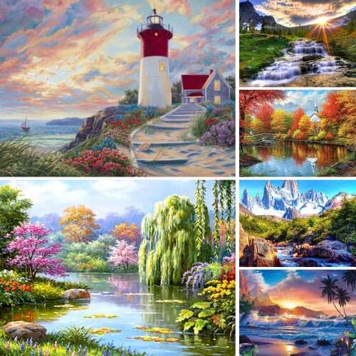 DIY 5D Diamond Painting Landscape Sunset Waterfall Full Dril Square Embroidery Scenery Mosaic Picture of Rhinestones Home Decor