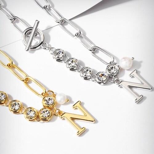 Lifefontier Letter N Pendant Necklace for Women Zircon Gold Silver Color Stainless Steel Link Chain Necklace Fashion Jewelry