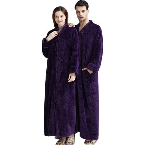Women Winter Plus Size 40-100KG Long Warm Flannel Hooded Bathrobe Zipper Bath Robe Pregnant Night Dressing Gown Men Sleepwear