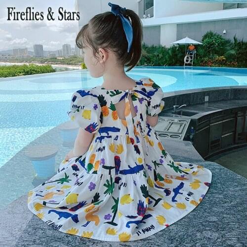 Summer Girls Dress Baby Dress Kids Vestidos Children Clothes New Fashion Back Lacing Fruits Print Cotton Puff Sleeve 2 To 6 Yrs