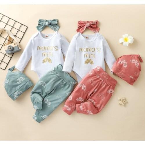 Baby Clothes Set, Letter Print Long Sleeve Romper+Rainbow Print Trousers+Headband+Pointed Hat