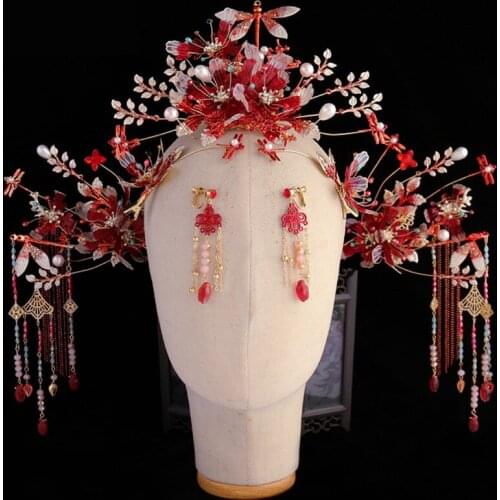 New Chinese Brides Wedding Hair Crown Headdress Liquid Flower Ancient Suit Set Ancient Style Wedding Hair Accessories