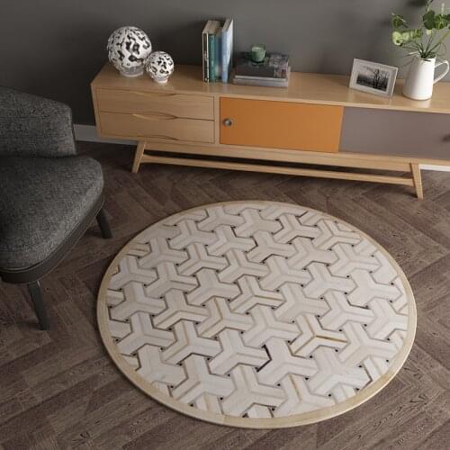 Hand Stitching Cowhide Round Carpets Geometric Large Carpet Bedroom Bedside Area Rugs Computer Chair Antislip Mats Floor Mat