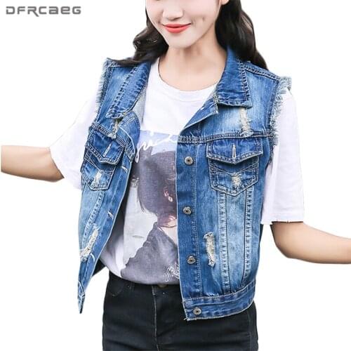 Sleeveless Denim Jacket Women Casual Hollow Out Ripped Fringe Jeans Tops Autumn Ladies Vintage Cardigan Outerwear Colete Coats