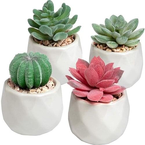 Mini Succulents Artificial Succulents Plants Artificial Mini Geometric Ceramic Plants in Pot,Set of 4 Decorative