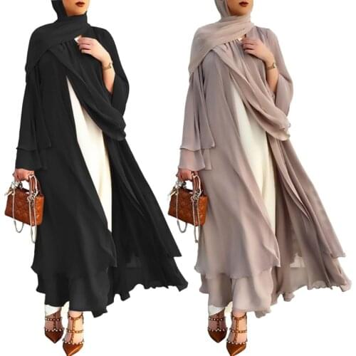 Muslim Long Sleeve Flowy Maxi Cardigan Islamic Open Front Kimono Belt Abaya Robe