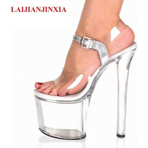 New 20cm high-heeled shoes transparent crystal sandals 8 inch wedding dress shoes back strap party Dancer shoes