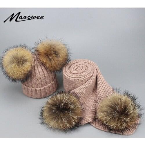 Autumn Winter Parent-child Fur Pompon Hat And Scarf Set Women Crochet Knitted Wool Beanies Caps Hats With Natural Fur Pom Pom