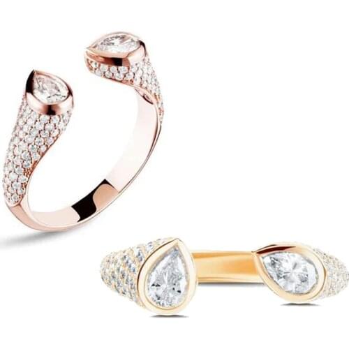 CZ Open Adjust Finger Ring For Women Girl Rose Gold Color Micro Pave White Tear Drop Cubic Zirconia Rings