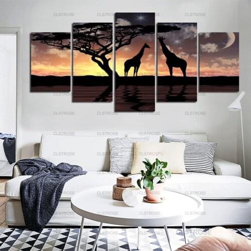 Giraffe and Shadow In The Sunset Poster Orange Sunset Landscape Decoration Canvas Painting Zoo Wall Decoration Home Bedroom