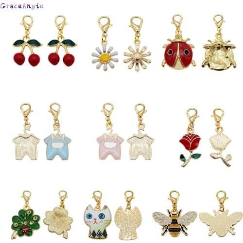 9pcs Dangle Charms Pendant with Lobster Clasp Enamel Cat Rose Bee Ladybug Daisy Cherry DIY Keychain Earrings Jewelry Making