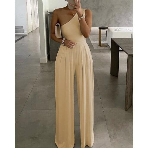 Casual Looes One Piece One Shoulder Jumpsuit Ruched Plain Wide Leg Pants Jumpsuits