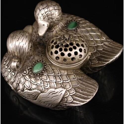 Rare old Antique antique hand-set gemstone silver mandarin duck incense burner ornaments, Free shipping