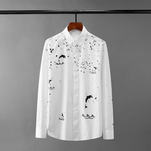 New Cotton Man Shirts High Quality Long Sleeve Porpoise Printed Casual Male Shirts Slim White Black Party Mens Dress Shirts