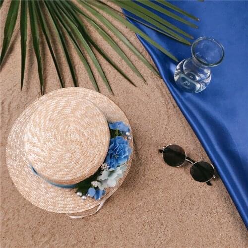 Fashion Women Summer Wheat Straw Sun Hat Lady Beach Wide Brim Flat Boater Hat With Handmade Blue Flower Size 56-58CM