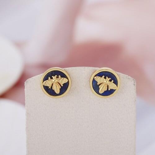 European and American famous jewelry simple round inlaid with natural mother shell stone Bee Earrings