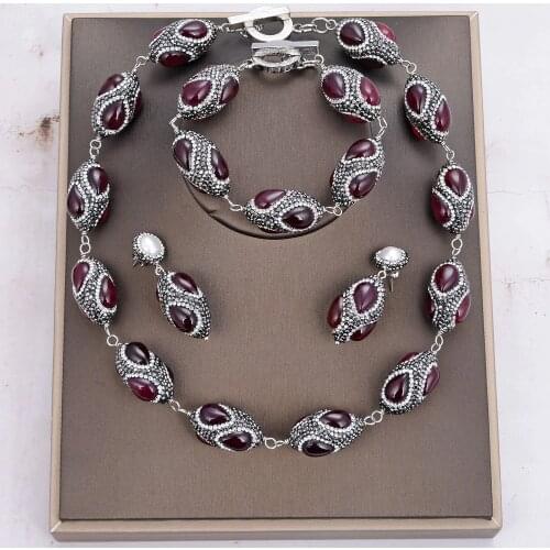 Jewelry Natural Red Agates Black Rhinestone Pave Wrap Chorker Necklace Bracelet Earrings Sets