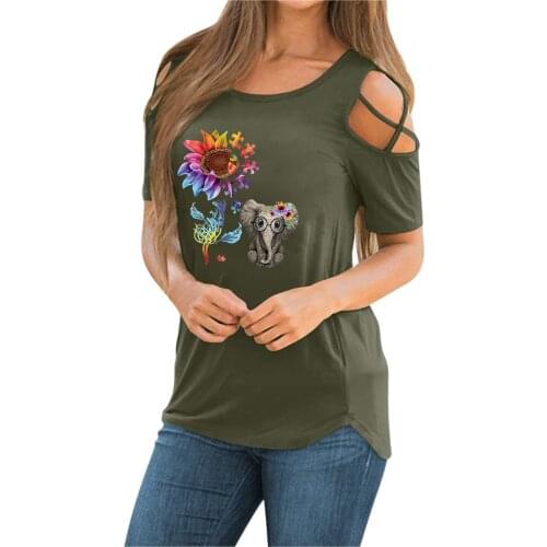 Off Shoulder T Shirt Women Hollow Out Short Sleeve T-shirt Flower Elephant Printing Summer Tshirt Top Camisetas De Mujer 2021