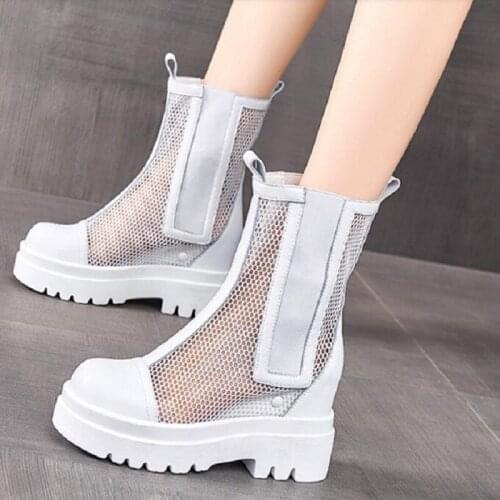 Summer New European America Style Height Increasing Platform Rivet Cut Out Mesh Genuine Leather Women Short Equestrian Boots
