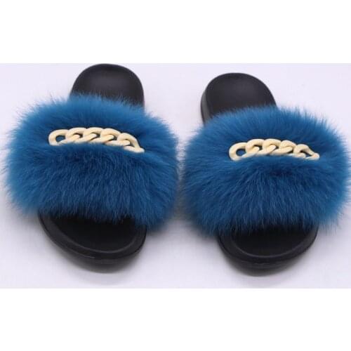 2021 New Womens Summer Slippers Real Fox Raccoon Fur Cute Fluffy Furry Yellow Chain Decoration Indoor Flat Slides Sandals TX36