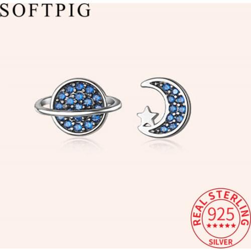 Real 925 Sterling Silver Blue Zircon Moon Stud Earrings For Fashion Women Party punk Fine Jewelry Asymmetry Accessories