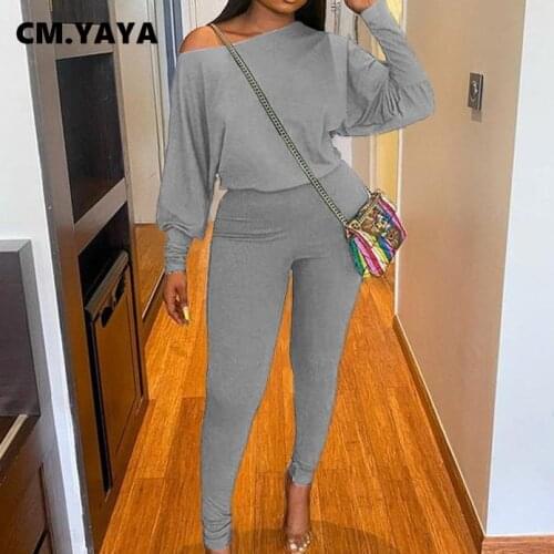 CM.YAYA Women Two 2 Piece Set Long Batwing Sleeve Tee Tops and Legging Pants Matching Set Autumn Outfits Yoga Sport Tracksuit