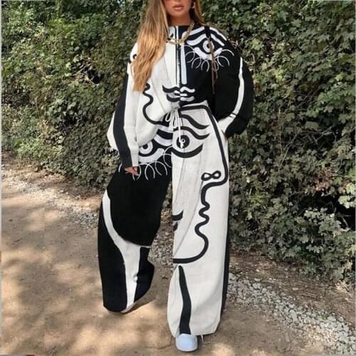 Black White Eyes Print Casual Thin Sweatshirt 2-piece Suit Ladies Sportswear Streetwear Pants Matching Suit Oversize Autumn