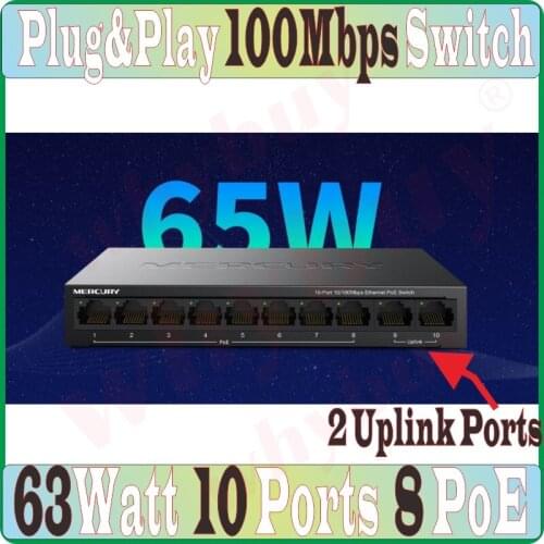 10 ports 2 uplink ports 8 poe 65W 100Mbps MCU PoE Switch Ethernet Network Switch LAN Hub Full/Half duplex Exchange Auto MDI/MDIX