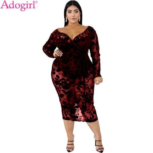 Adogirl Rose Flocking Lace Sheer Mesh Plus Size Dress with Panties XL-6XL Wrap V Neck Long Sleeve Off Shoulder Club Party Dress