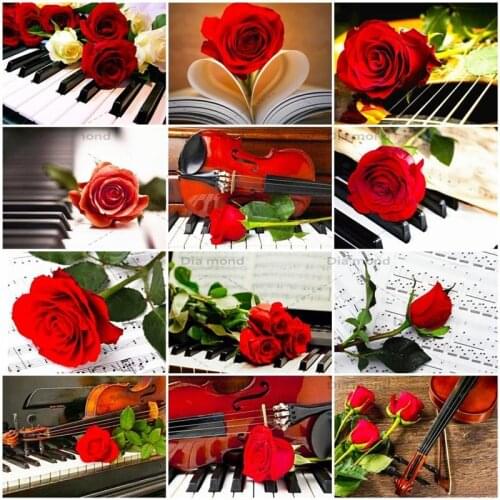 Diamond Painting Rose Piano Full Square Rhinestone Picture Diamond Embroidery Flower Cross Stitch Mosaic Wall Decoration