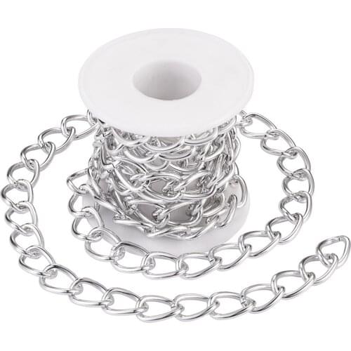Pandahall 2m Aluminum Curb Chain Link Unwelded Twisted Chains roll Silver Color Necklace Jewelry Chain Making DIY 18x13x2.5mm