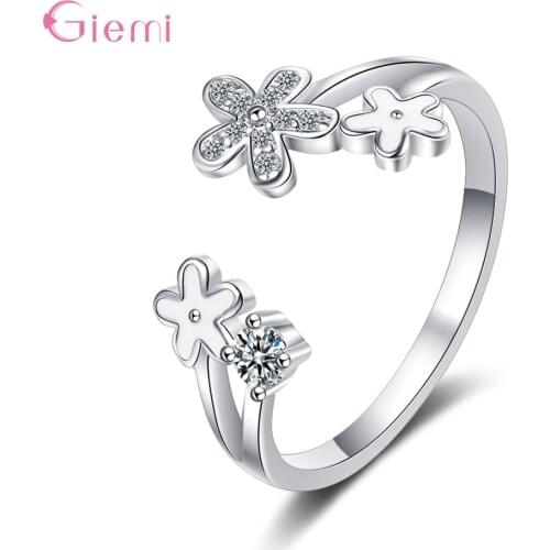 Authentic 925 Sterling Silver Lovely Flower Pattern Adjustable Finger Ring For Women Modern Style Crystal Ring Fine Jewelry