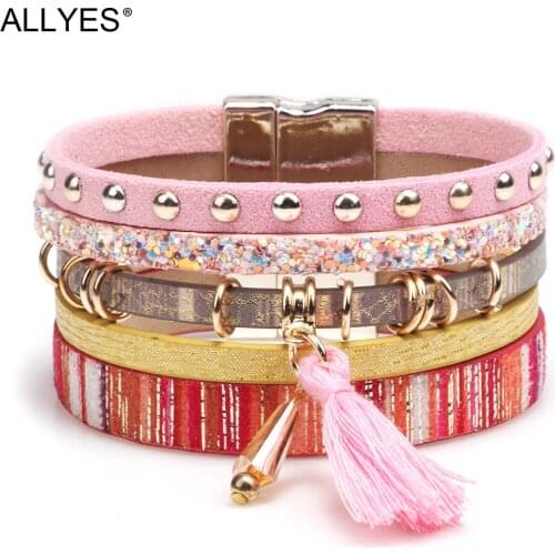 ALLYES Boho Colorful Leather Bracelets for Women Fashion Tassels Charm Multilayer Wrap Bracelet Bangle Female Jewelry Gifts