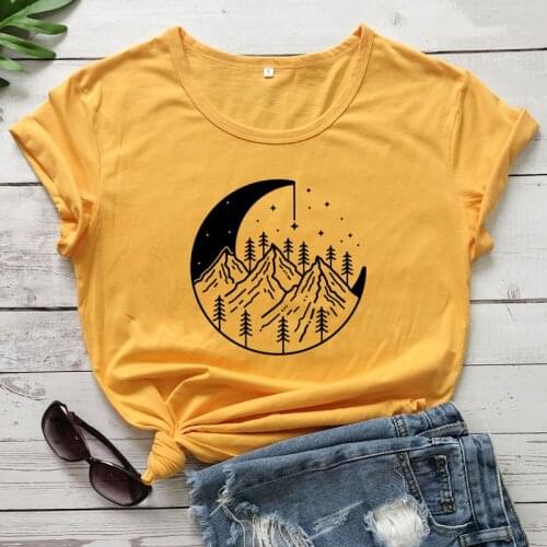 Mountains Stars Moon T-shirt Aesthetic Summer Short Sleeve Hiking Tshirt Vintage Women Camping Nature Outdoors Top Tee