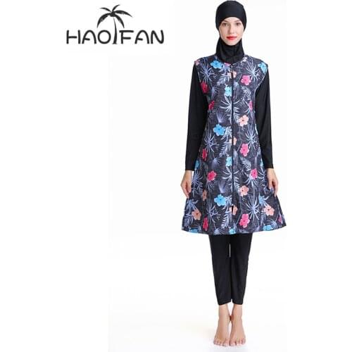 HAOFAN Women Muslim Swimwear Floral Print Full Cover Swimsuit hijab Islamic Islam Burkinis Beachwear Swimming Bathing Suit 3XL