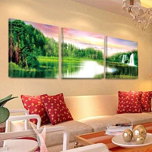 Canvas Wall Art Canvas Print 3 Pieces Beautiful Waterfall Painting Green Mountain River Landscape Poster Home Decoration Q148
