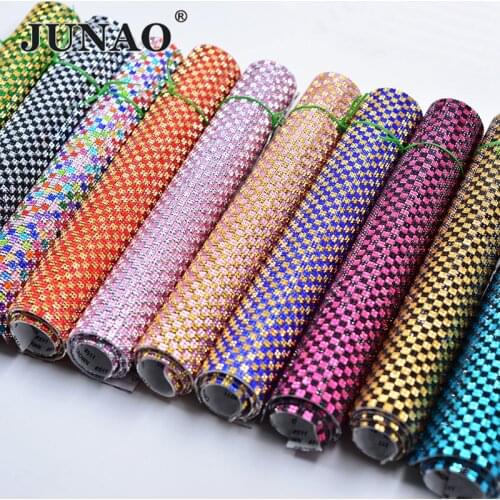JUNAO 24*40cm Champagne Self Adhesive Rhinestones Fabric Hot-Fix Crystal Mesh Trim Resin Strass Banding Sheets For DIY Clothes