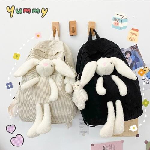 Cute Rabbit Doll Women Corduroy Backpack Pure Color Stripe Harajuku School Bag Teenage Girl Backpack Female Bagkpack Mochila