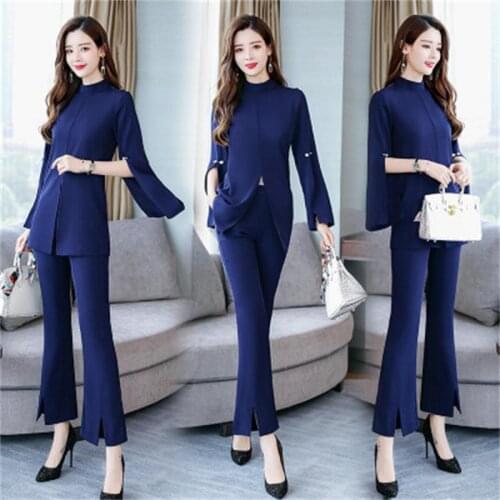 Fashion suit female autumn New womens casual top + high waist wide leg pants two-piece suit women