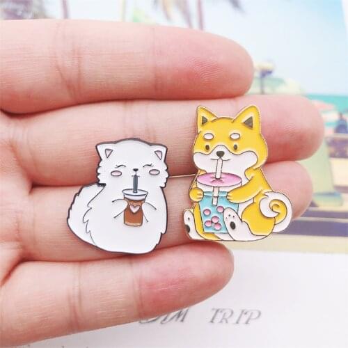 Cartoon Animal Drink Milk Tea Enamel Pins Cute Shiba Inu Dog Puppy Cat Brooches Bag Button Badge Jewelry Gift for Kids Friends