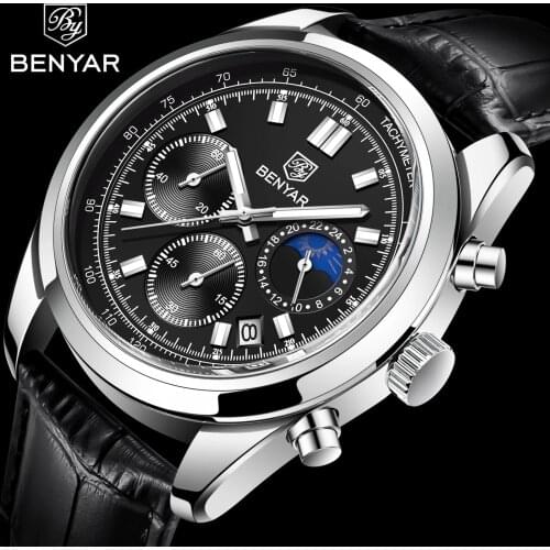 Benyar 2021 New Luxury Quartz Watch Men Classic Leather 50m Waterproof Clock Military Sports Multifunctional Chronograph Relogio