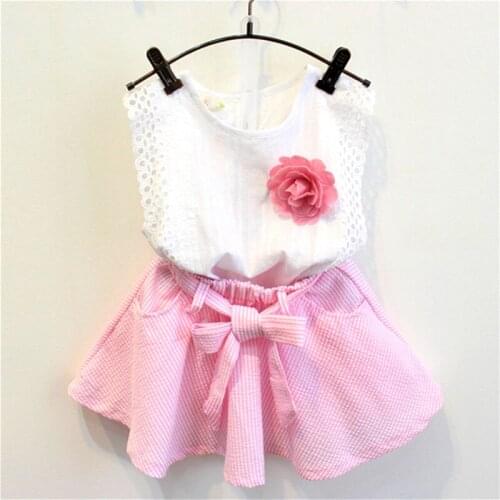 2019 summer children girls new fashion lace flower top Vest+ Pink plaid sash skirt clothing set 3-8 years