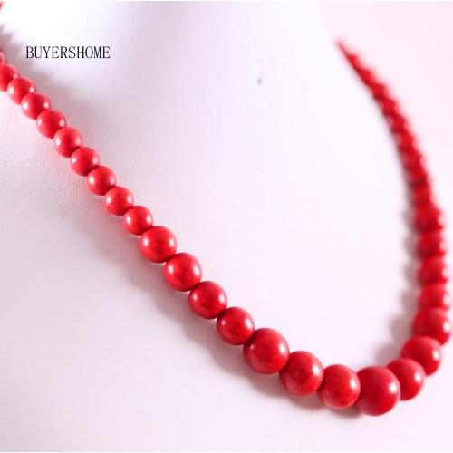 Handmade Beaded Necklace Natural Stone Round Red Howlite Necklace for Women Jewelry Gift E102