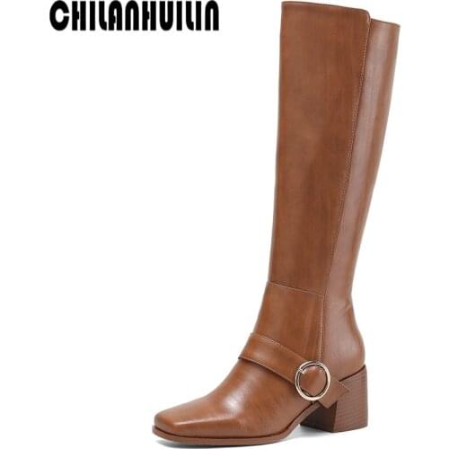 Plus size buckle autumn winter full cow leather knee high boots thick heel square toe women shoes warm short plush snow boots
