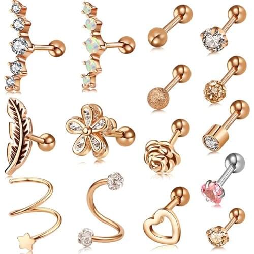 1pcs Surgical Steel Crystal Gem Zircon Heart Shape Stud Ear Tragus Cartilage Helix Lobe Earring Woman Cute Body Piercing Jewelry