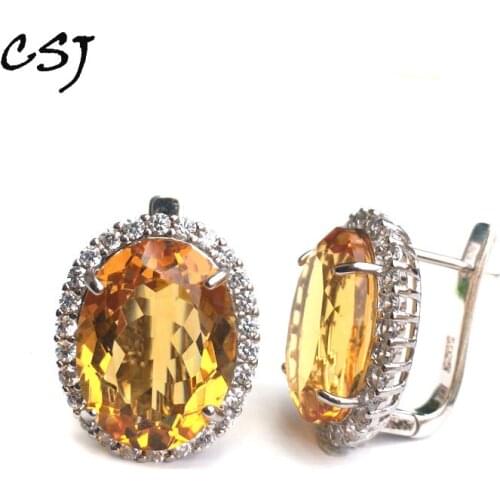 CSJ Citrine quartz gemstone noble Earring Sterling 925 Silver oval12*16mm 18Ct Fine Jewelry For Women Lady or mother Gift Box