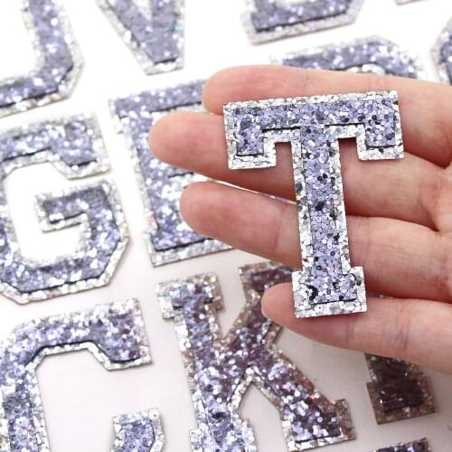 Gray Letter Patch A-Z Glitter Sequins For Clothing Iron On English Alphabet Patches Embroidered Patch Applique DIY Bag Hat 1Pcs