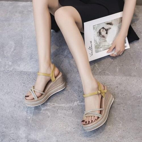 Korean Wedge Sandals New High-heeled Rhinestone Roman Sandals Women Thin Straps Platform Casual Sandals Women
