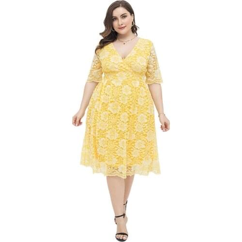 Womens Elegant Sexy Yellow Lace Dress Plus Size XL-4XL XXL XXXL 3XL XXXXL Party Cocktail Evening Night robe femme été Dresses