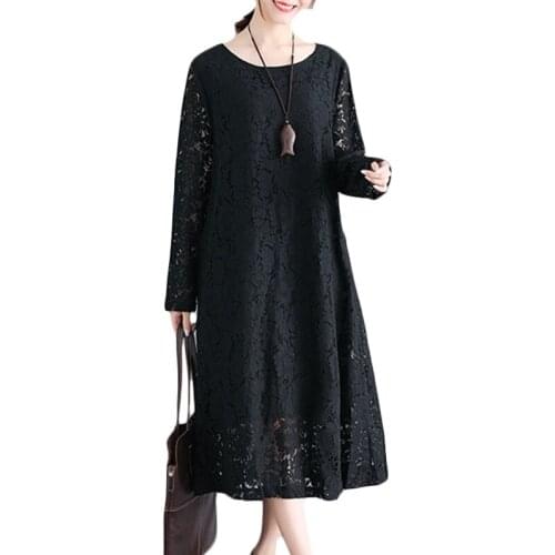 Plus size Women Korean Spring Lace Dress Female Loose Slim A Long sleeve Dresses Black Womens Pullover Round neck Vestidos F150
